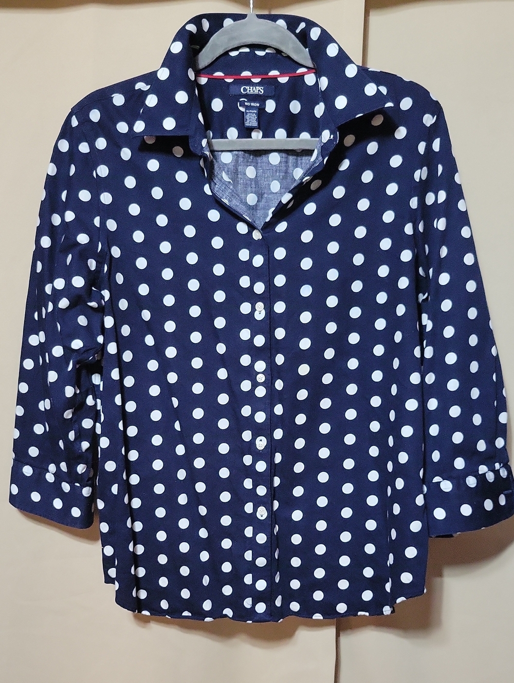 Chaps Navy and White Polka Dot No Iron Button-Down Shirt